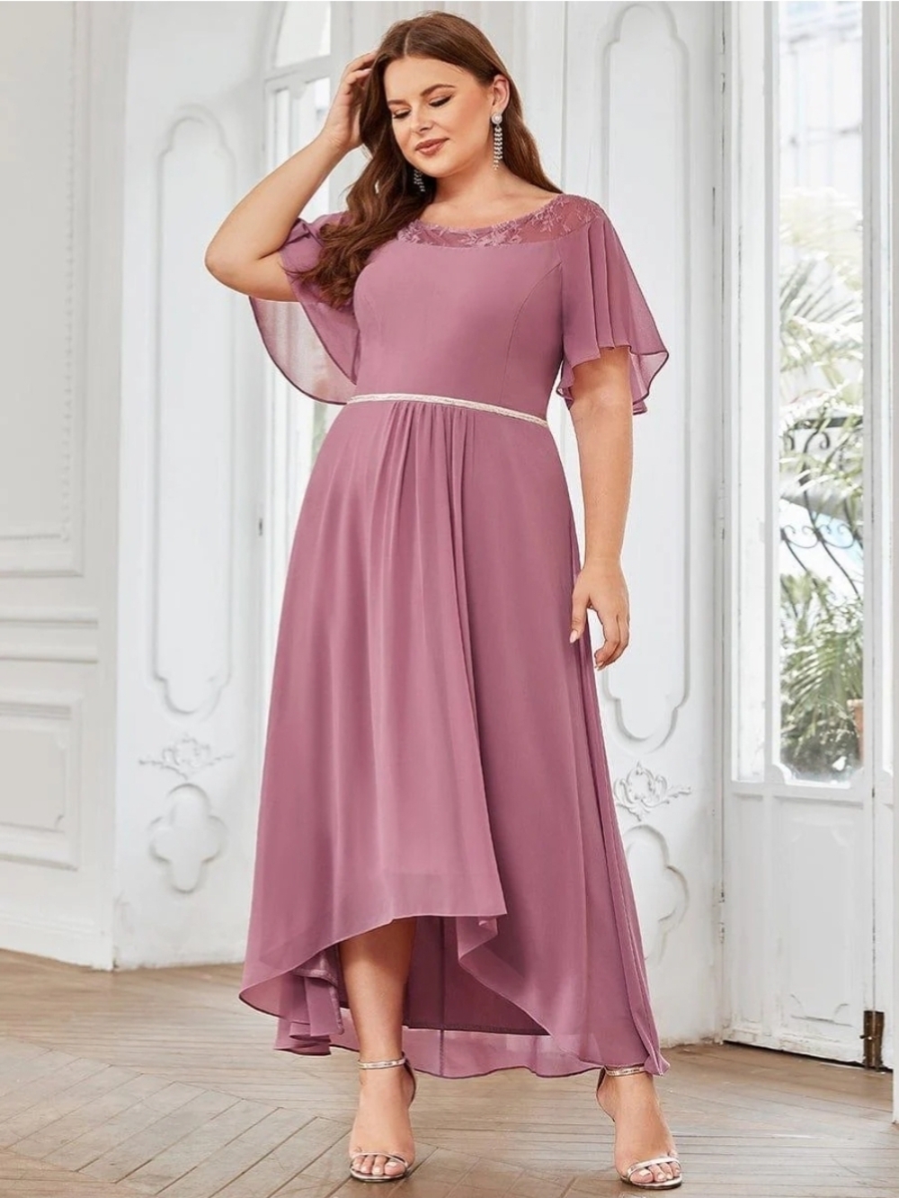 Ever Pretty Mauve High-Low Chiffon Evening Dress with Beaded Waist
